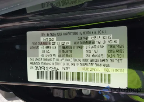 2020 Mazda Cx-30 z USA, uszkodzony, nr VIN 3MVDMBBL4LM123924